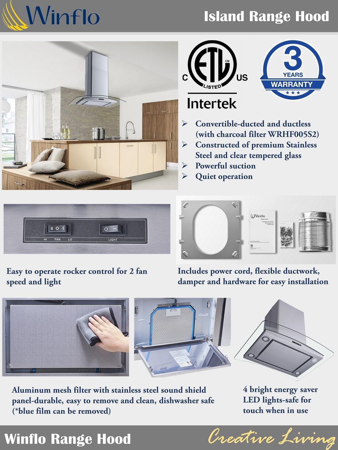 Winflo 30 in. Convertible Island Mount Range Hood in Stainless Steel